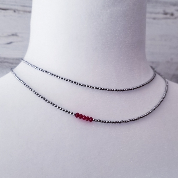 Ruby & Hematite Double Row Stacking Necklace - Picture 2 of 8